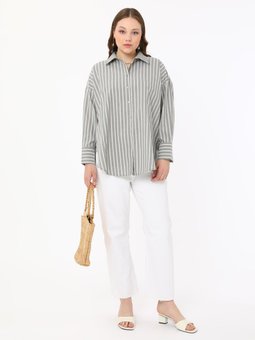 Haki Pamuklu Büyük Beden Çizgili Poplin Bluz / Gömlek