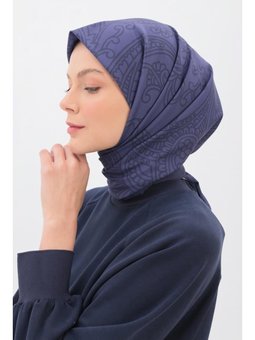 Desenli İpeksi Pamuk Eşarp Lacivert