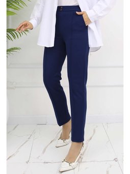 Çift Düğme Detaylı Cepli Havuç Lacivert Pantolon