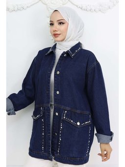 Taş İşlemeli Cepli Kot Lacivert Ceket