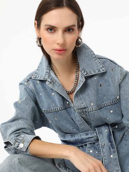 Belden Bağlama Ve Taş Detaylı Denim Exclusive Ceket Açık Mavi