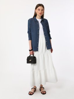 Büzgü Detaylı Beli Lastikli Beyaz Etek