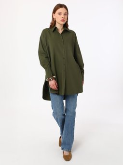 Cep Detaylı Arkası Uzun Poplin Haki Tunik