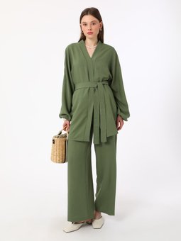 Kuşak Detaylı Kimono & Pantolon İkili Haki Takım