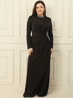 Siyah Yakası Ve Yanı Taşlı Astarlı Büzgülü Kristal Uzun Büyük Beden Abiye Elbise