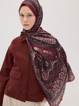 Kokina Etnik Desen Pamuk Soft Bordo Şal Siyah