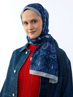 Retro Etnik Desen Pamuk Soft Lacivert Şal