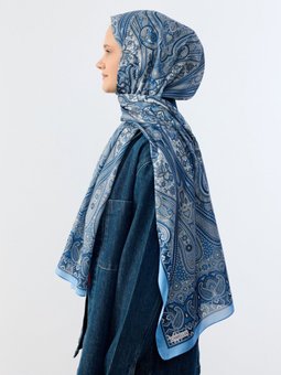 Retro Etnik Desen Pamuk Soft Mavi Şal