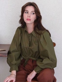 Klasik Yaka Crop Haki Gömlek