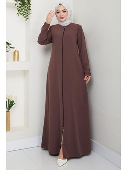 Fermuarlı Büyük Beden Kahverengi Ferace