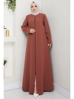 Fermuarlı Büyük Beden Kiremit Ferace