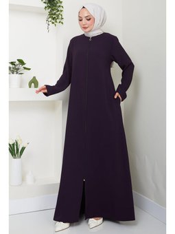 Fermuarlı Büyük Beden Mürdüm Ferace