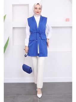 Saks Mavisi Bel Bağlamalı Yelek