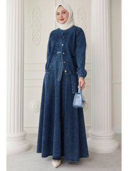 Beli Lastik Ceketli Mavi Kot Takım