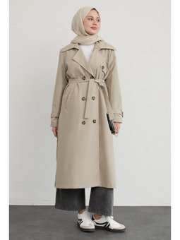 Çapraz Cep Detaylı Krem Trençkot