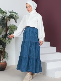 Açık Lacivert Parça Detaylı Kar Yıkama Uzun Kot Etek