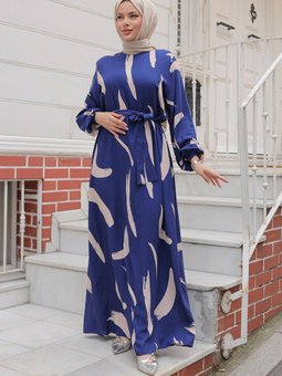 İndigo Büyük Fırça Desenli Viskon Elbise