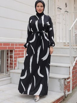 Siyah Büyük Fırça Desenli Viskon Elbise