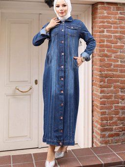 Koyu Mavi Düğme Detaylı Kot Ferace