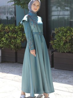 Mint Taşlı Yakma Desenli Abiye Elbise