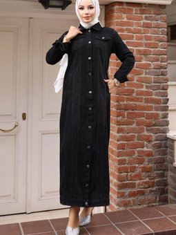 Siyah Düğme Detaylı Kot Ferace