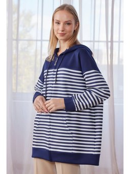 Kapşonlu Çizgili Lacivert Hırka