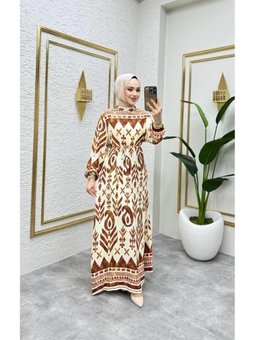 Kahverengi Etnik Desenli Viscon Elbise