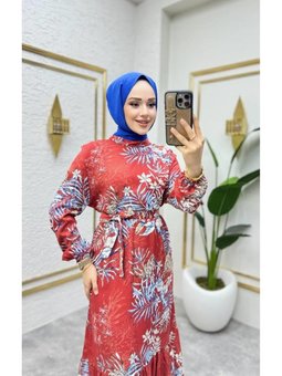 Kiremit Çalı Desenli Viskon Elbise