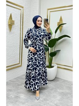 Lacivert Geometrik Desenli Viscon Elbise