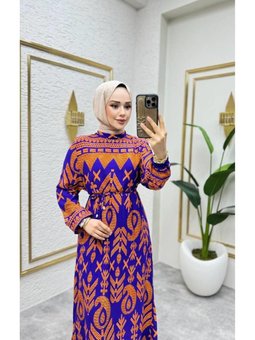 Oranj Etnik Desenli Viscon Elbise
