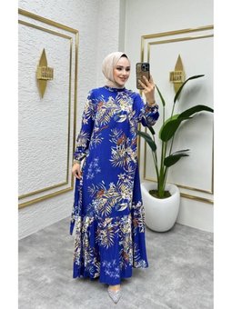 Saks Mavisi Çalı Desenli Viscon Elbise