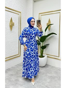 Saks Mavisi Geometrik Desenli Viscon Elbise