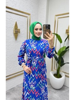 Saks Mavisi Zikzak Desenli Elbise