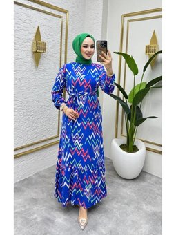 Saks Mavisi Zikzak Desenli Viscon Elbise