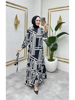 Siyah Geometri Desenli Tesettütr Elbise
