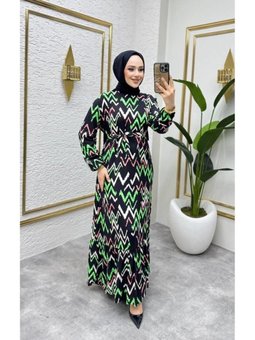 Siyah Zikzak Desenli Elbise