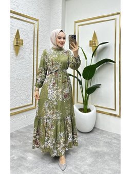 Yeşil Çalı Desenli Viscon Elbise