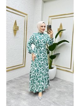 Zümrüt Yeşili Geometrik Desenli Viscon Elbise