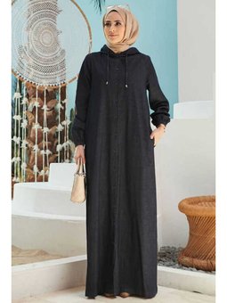 Denim Kapüşonlu Düğmeli Ferace Lacivert