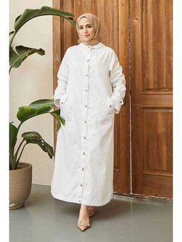 Denim Kapüşonlu Kap Beyaz