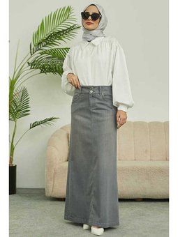 Denim Klasik Etek Gri