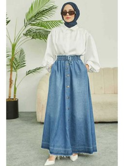 Denim Mevlana Düğmeli Etek Mavi