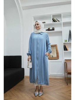 Tensel Yakalı Fermuarlı Kap Mavi