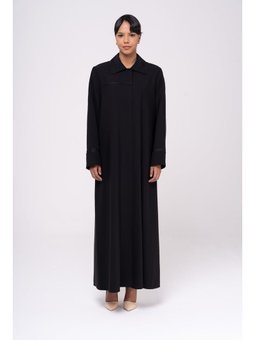 Gömlek Yaka Organze Ve İşleme Detaylı Büyük Beden Astarlı Siyah Pardesü