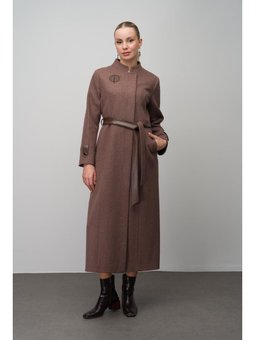 İşleme Ve Deri Aplikeli Yün Karışımlı Uzun Kap Melanj Kahve
