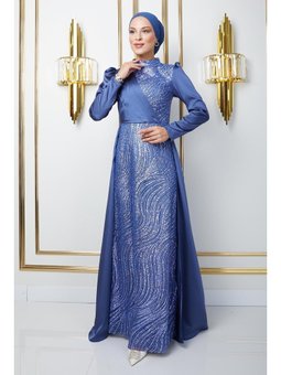 Önü Pul Ve Sim Detaylı Pelerin Etekli Saten Mavi Abiye Elbise
