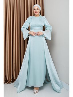 Pelerin Etekli Yoryo İpek Abiye Elbise Mint