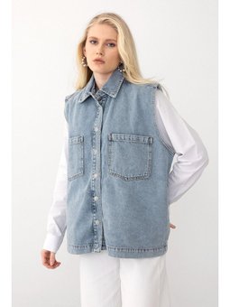 Torba Cep Detaylı Rahat Kalıp Kot Mavi Yelek