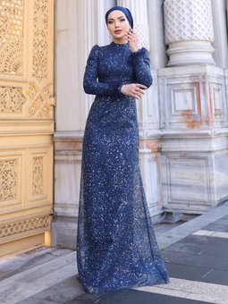 Sakura Lacivert Abiye Elbise