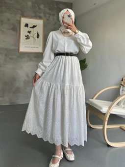 Beyaz Brode Dantel Fisto İncili Uzun Etek